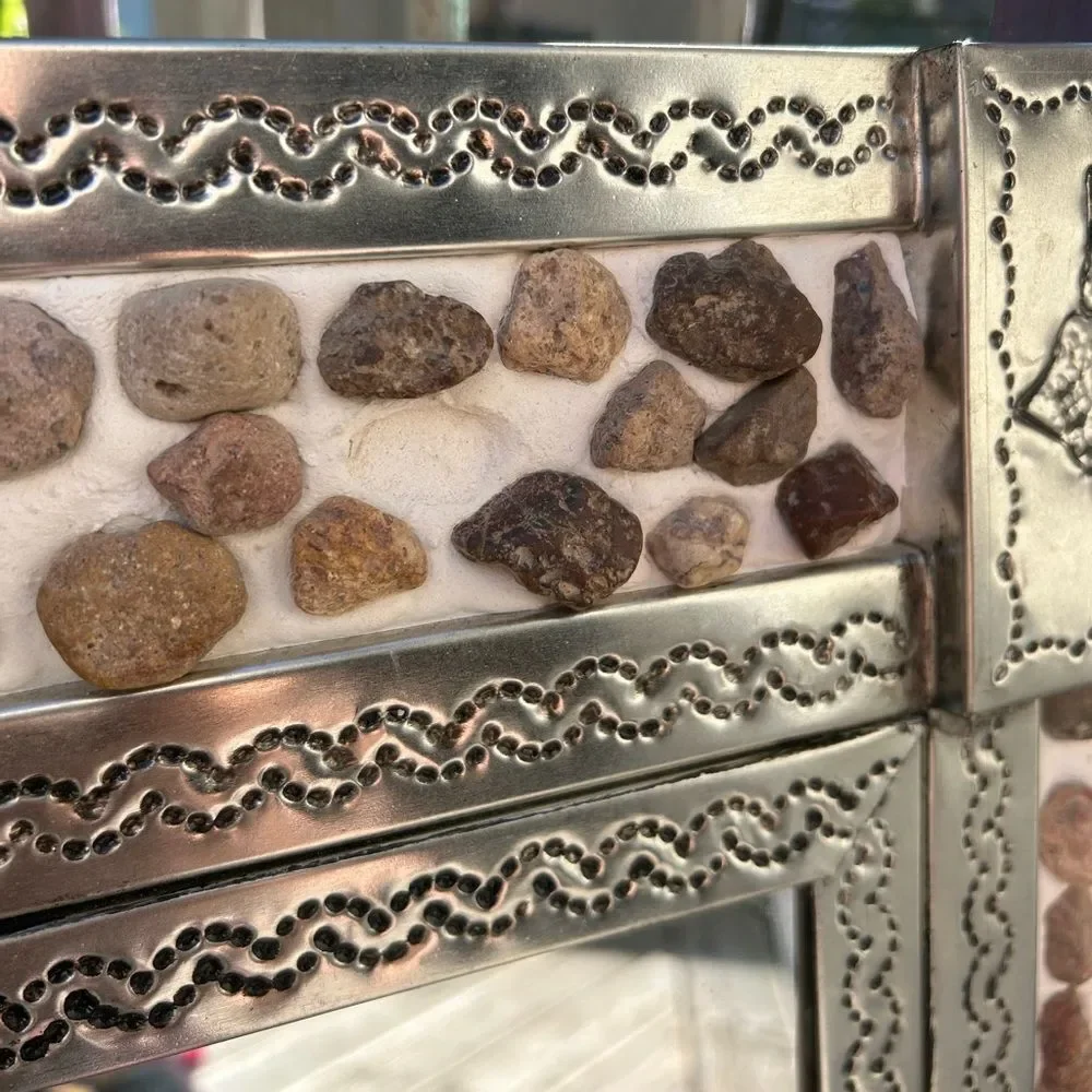 Mexican Tin Mirror Handcrafted - Rocks & Flowers 29" x 25" - Picture 10 of 16